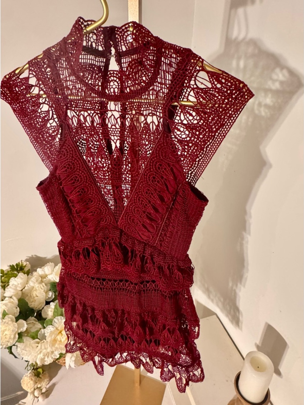 Self-Portrait Burgundy Lace Tiered Mini Dress - Picture 7 of 9